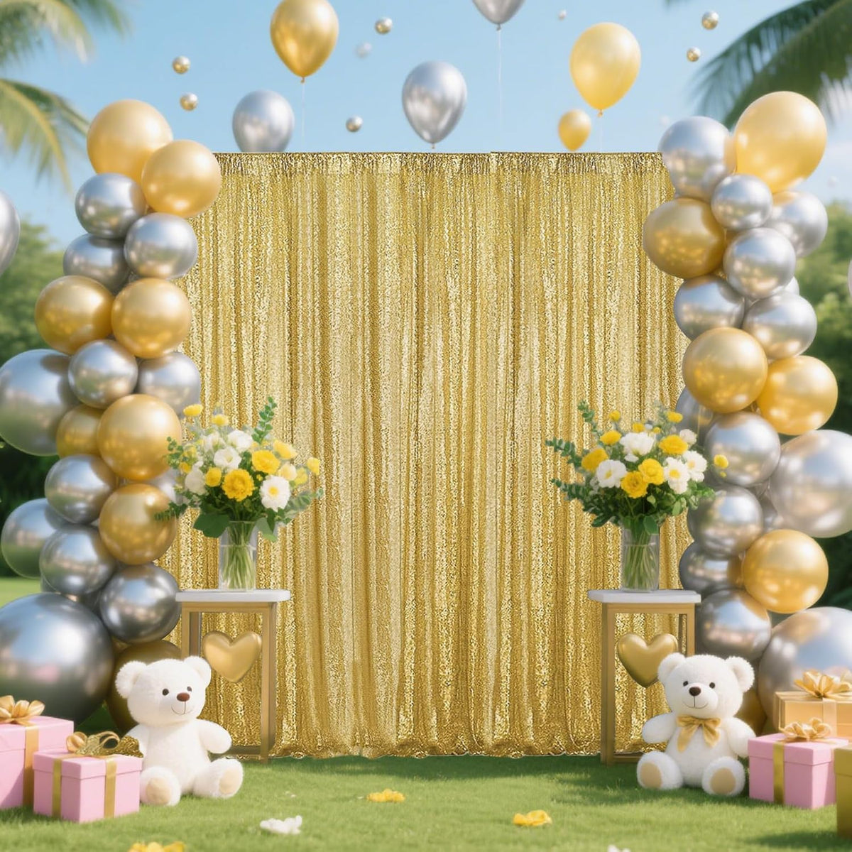 Gold Sequin Backdrop Curtain 4 Pieces 2FTx8FT Glitter Photography Backdrop for Party Wedding