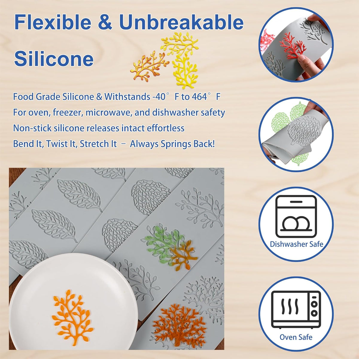 7Pcs Leaf Silicone Fondant Molds with Dough Scraper Silicone Spatula, 3D Coral Branch Leaf