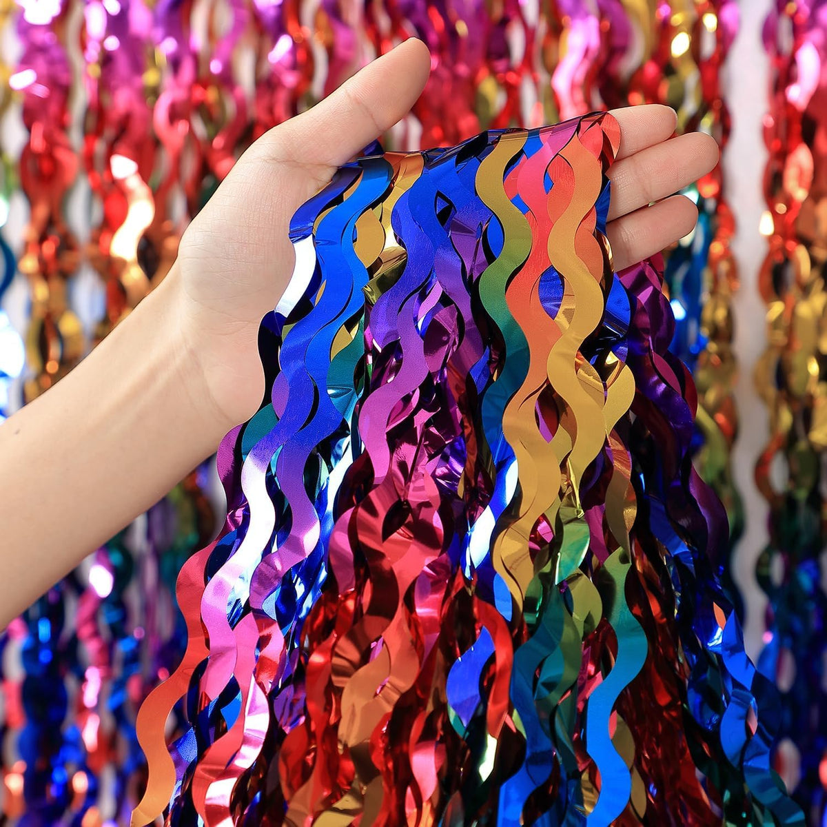 3 Pack Colorful Foil Fringe Curtain Backdrop - 6.6 x 3.3 ft Wavy Rainbow Tinsel Backdrop Curtain