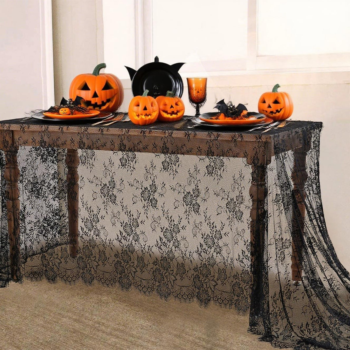 Black Lace Tablecloth Halloween Table Fabric 60x120 Inch for Scary Movies Rustic Wedding Bridal