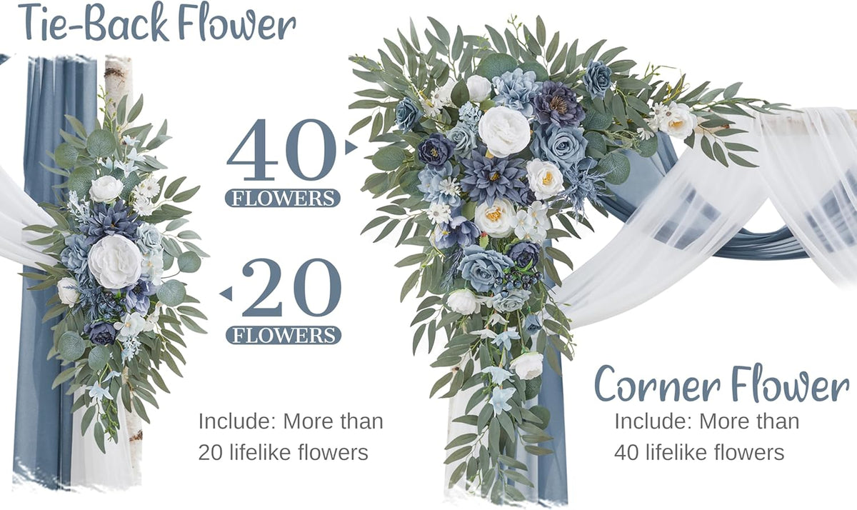 Wedding Arch Flowers with Drapes Kit (Pack of 4) - 2pcs Artificial Dusty Blue Deluxe Swag with 2pcs