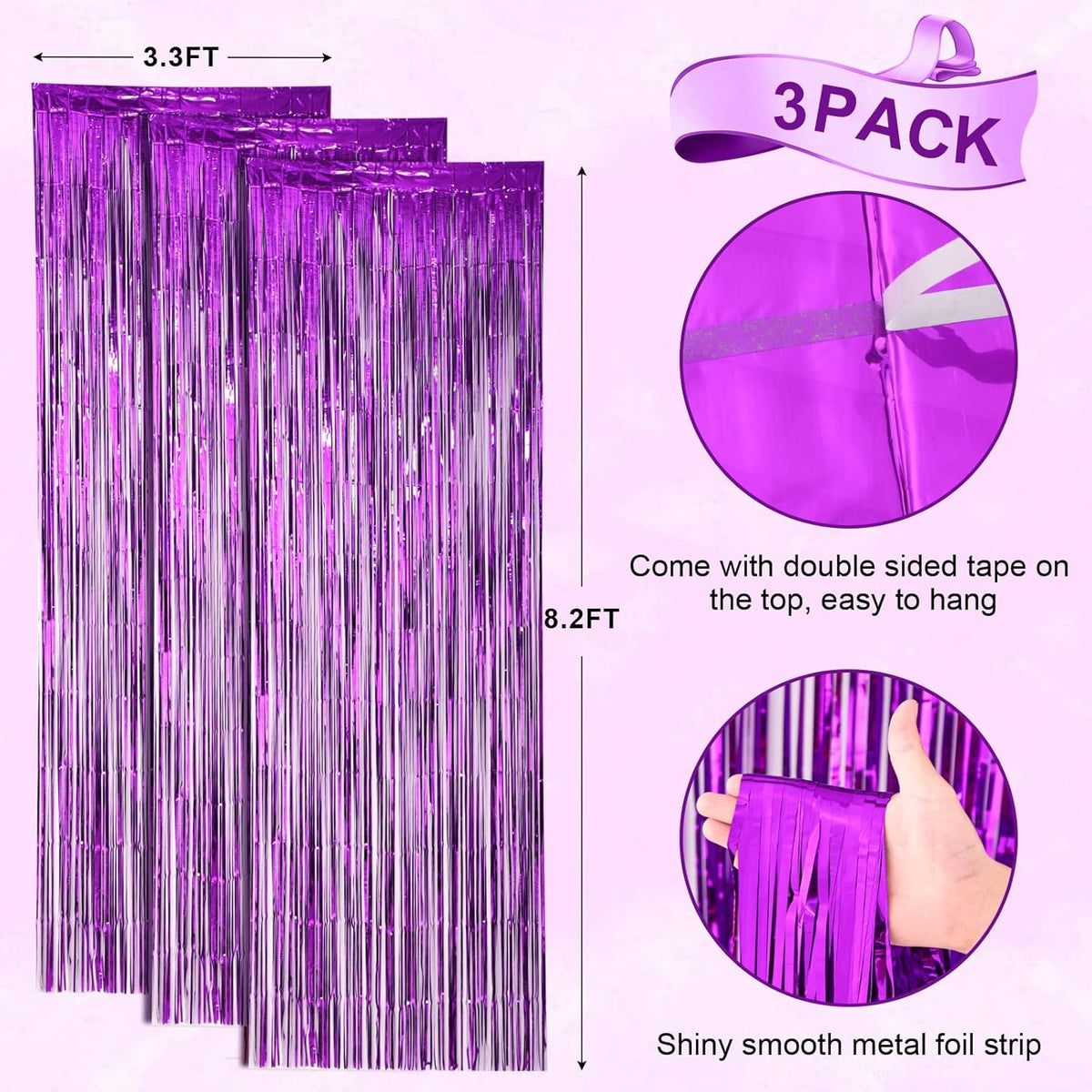 3 Pack 3.3x8.2 Feet Purple Foil Fringe Backdrop Curtains, Tinsel Streamers Birthday Party