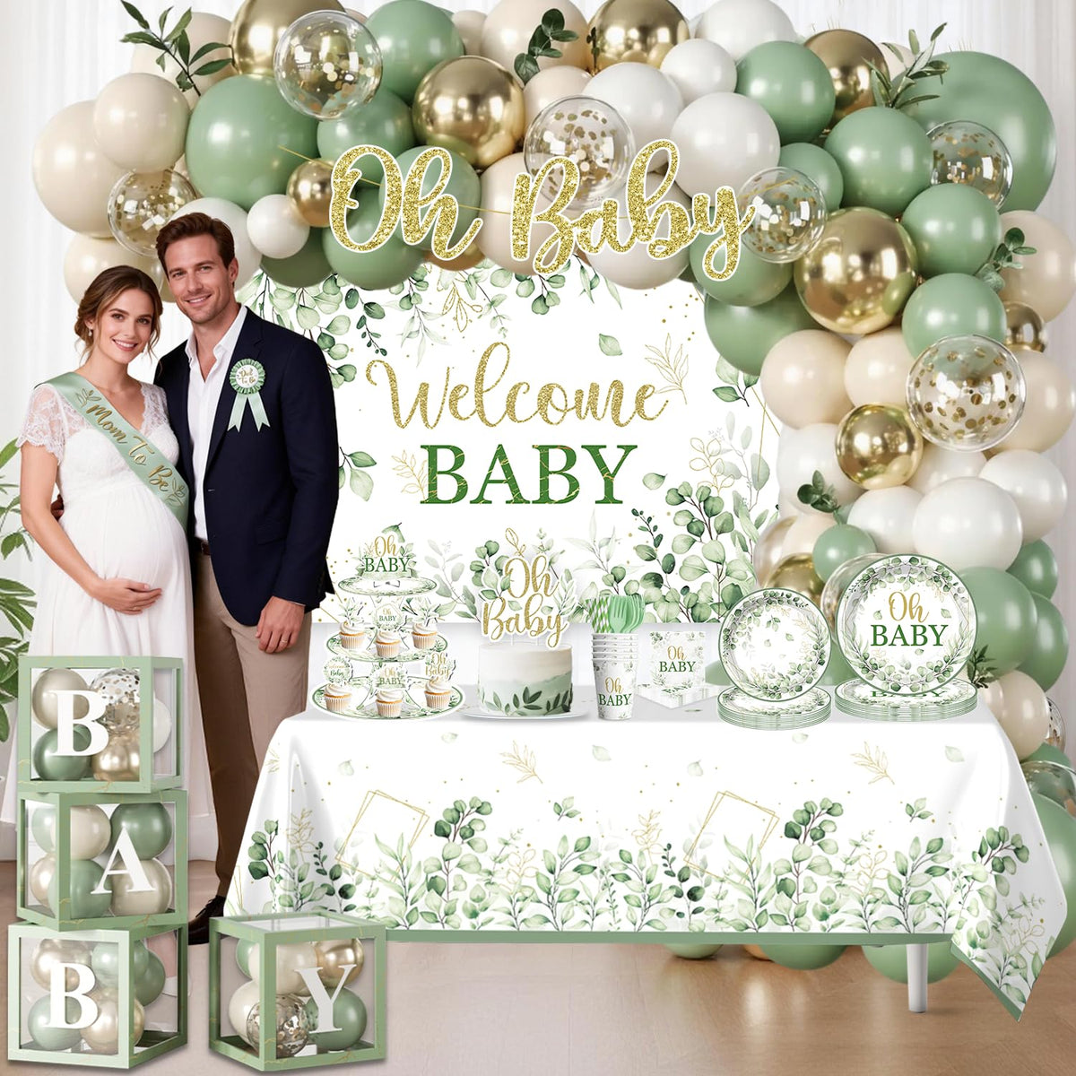 Fexivo Sage Green Baby Shower Decorations Set,Serves 25 Guests
