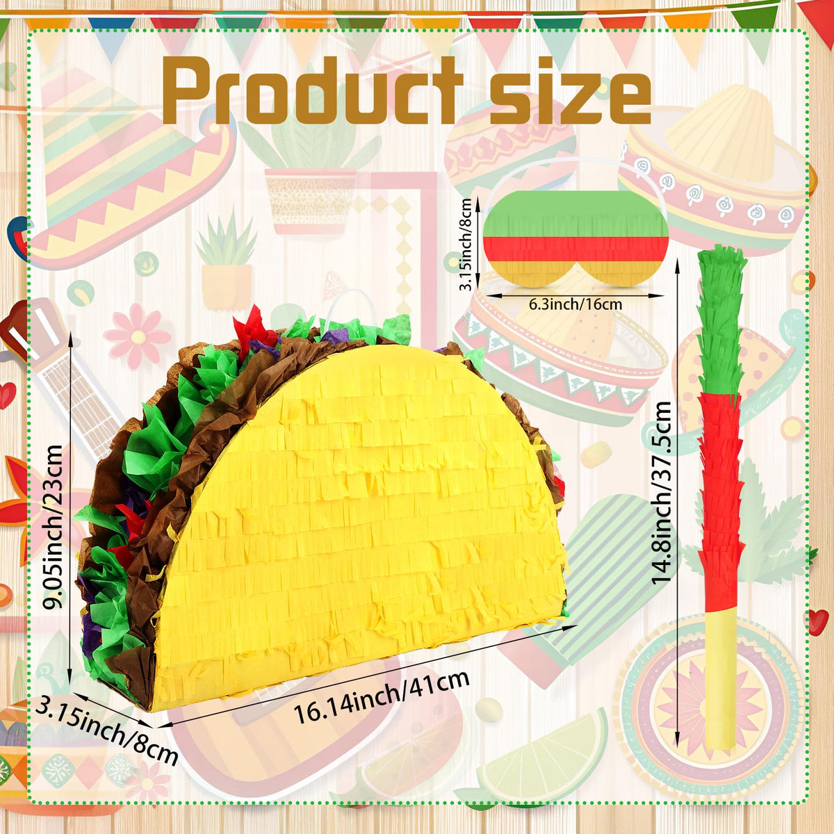 Hooqict Taco Pinata Set Mexican Birthday Party Pinata with Stick & Blindfold for Fiesta Kids Adults