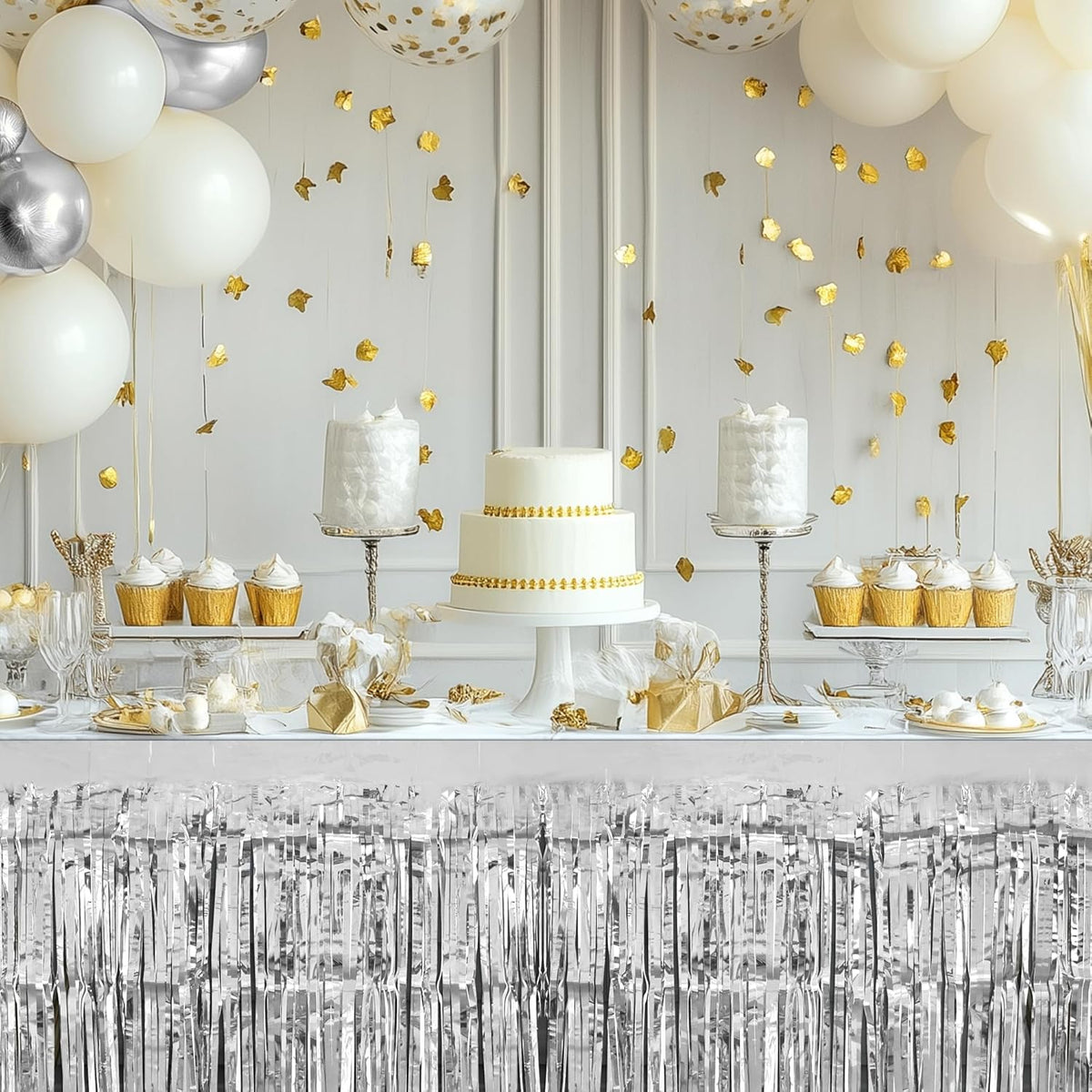 2 Pack Silver Table Skirts, 29x108" Metallic Foil Tinsel Fringe Table Skirts for Rectangle Tables