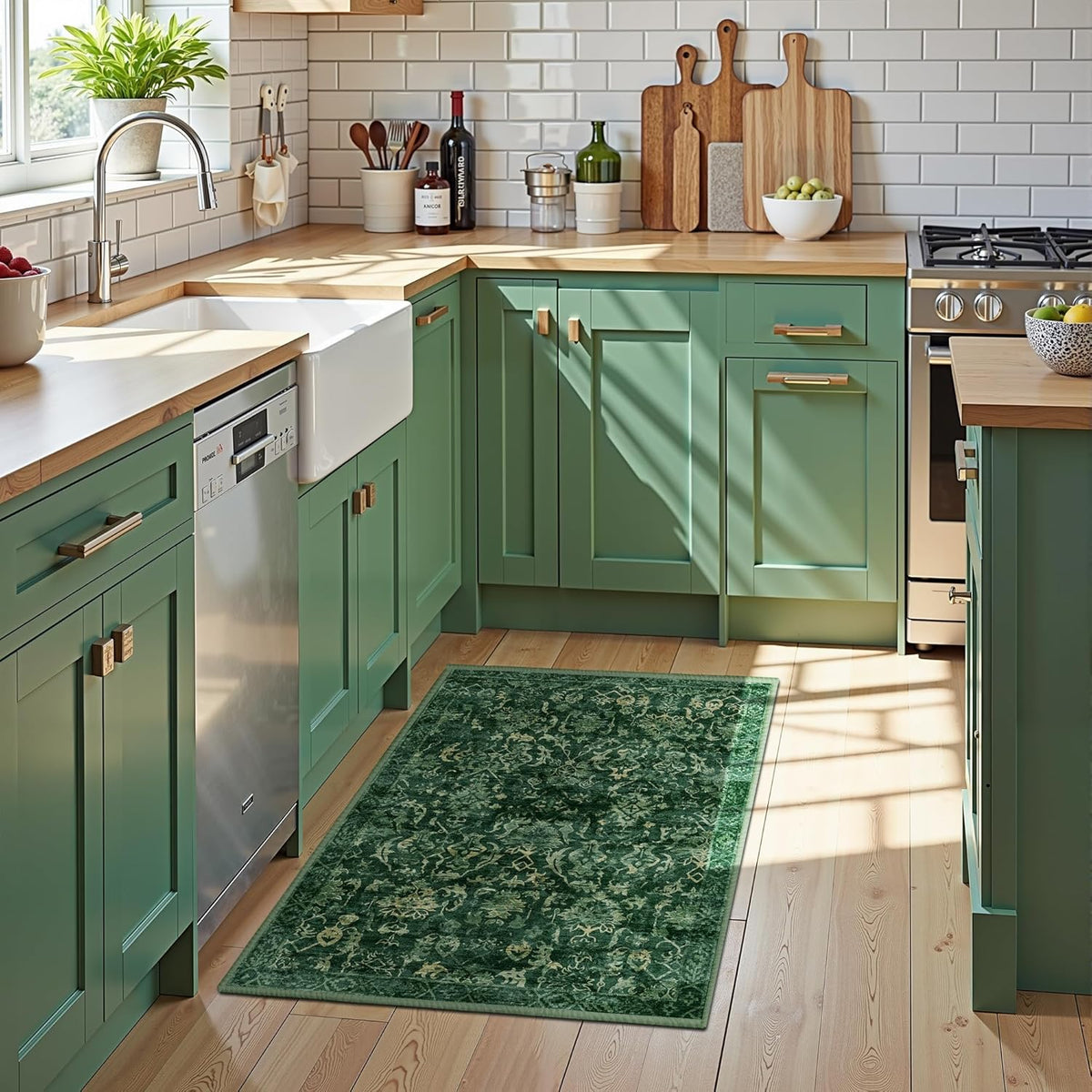 Dark Green Area Rug 2x3 Entryway Rug for Bedroom Bathroom, Non-Slip Low-Pile Washable Distressed