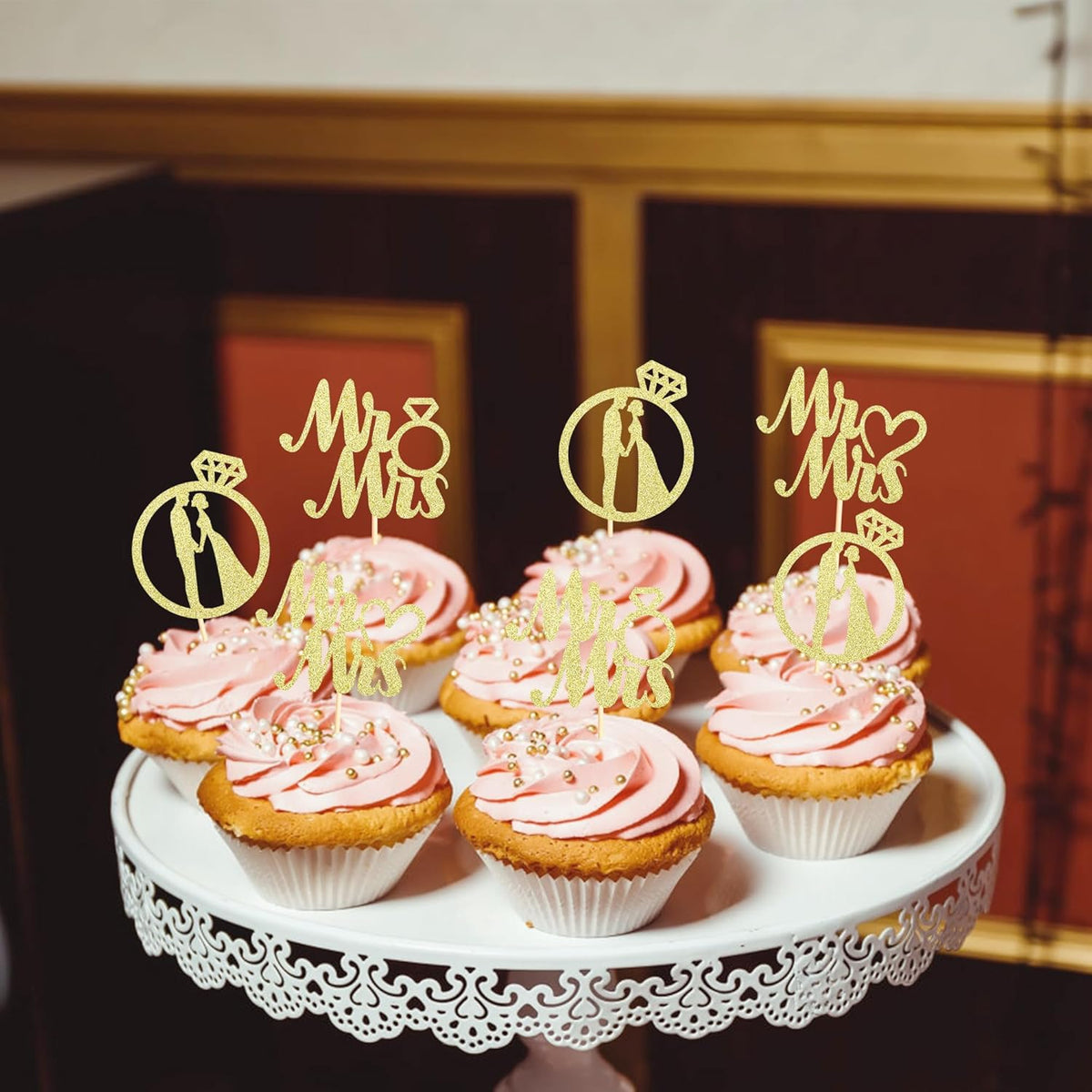 Sotpot 24PCS Miss to Mrs Cupcake Toppers with Ring Gold Glitter for Wedding Bridal Shower Wedding