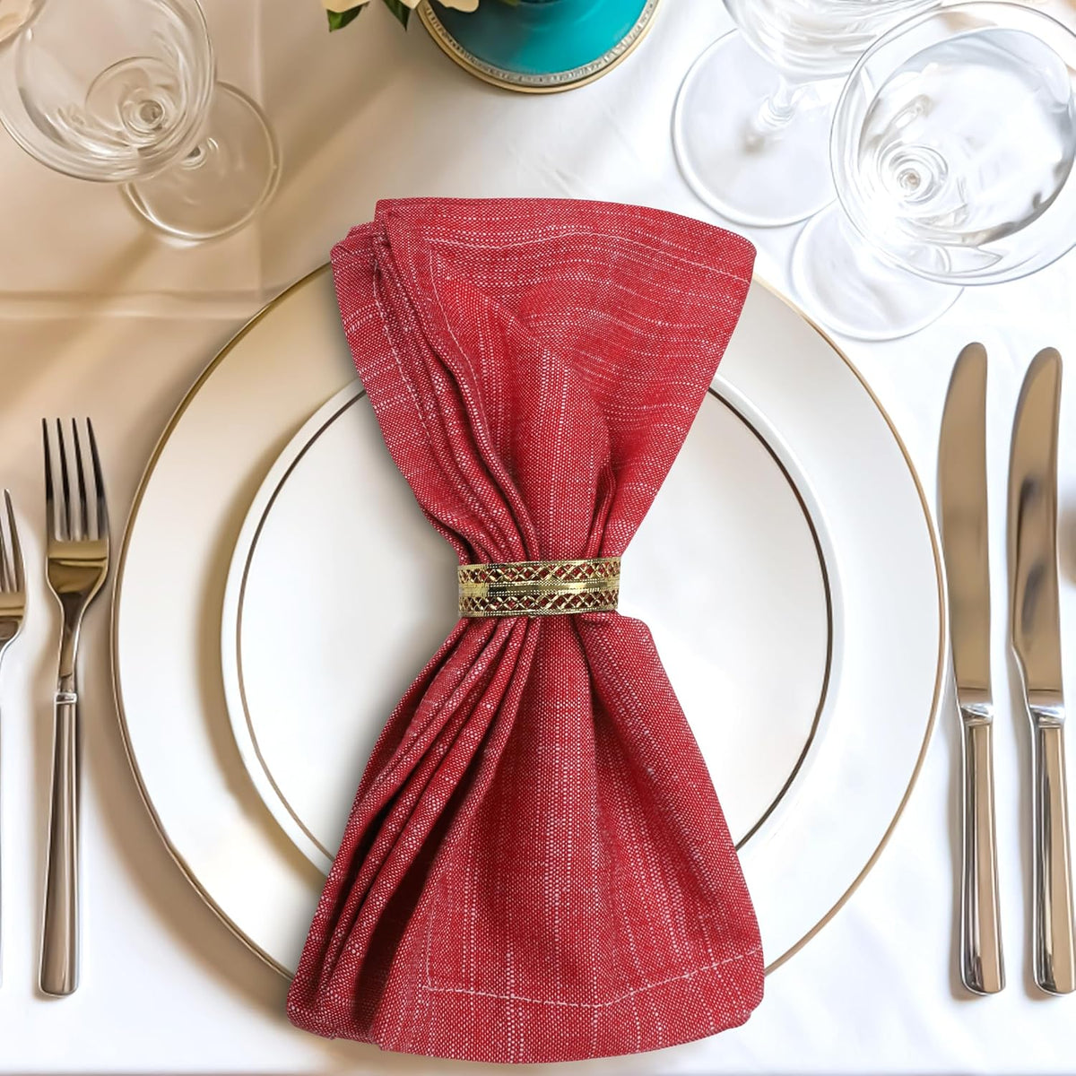 Urban Villa Dinner Napkins Red White Chambray Cloth Napkins (Set of 12) Oversized 20x20 Inches 100%
