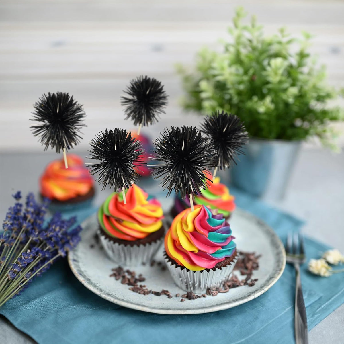Gyufise 30Pcs Foil Firework Cupcake Toppers Sparkle Tinsel Cake Toppers Tinsel Drink Cake