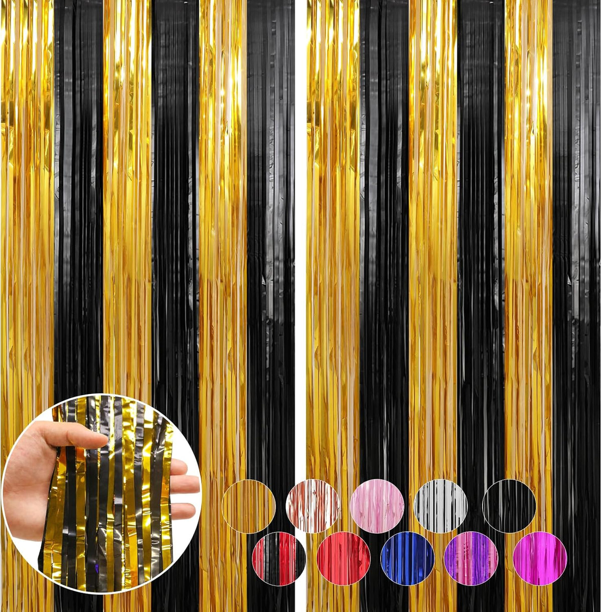 2 Pack Gold and Black Foil Fringe Curtains Streamers 3.3 x 8.2 ft, Tinsel Backdrop for Parties