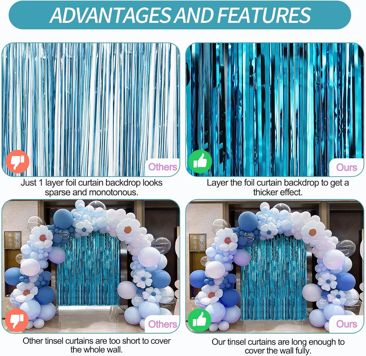 Crosize 4 Pack 3.3 x 9.9 ft Foil Fringe Curtains Party Decorations, Blue Tinsel Curtain Backdrop