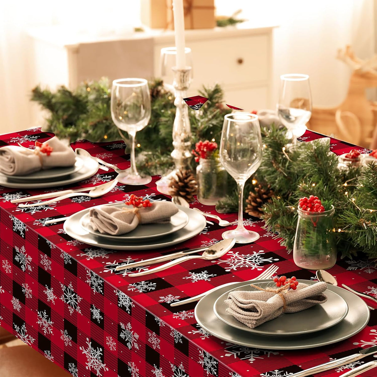 12 Pieces Red and Black Buffalo Plaid Merry Christmas Party Tablecloth Decorations,Plastic White