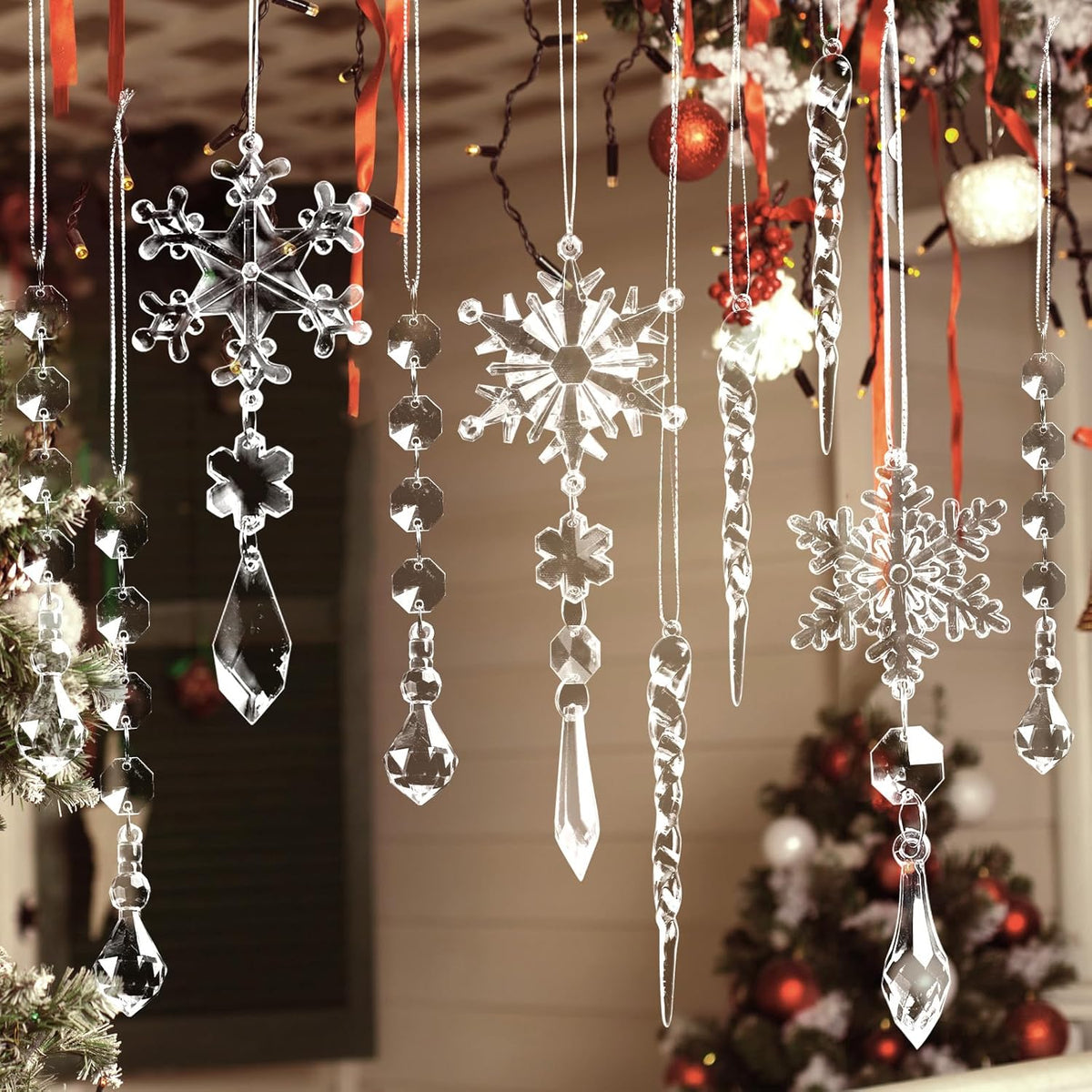 20pcs Christmas Ornaments Set for Tree - Hanging Acrylic Crystal Snowflake Icicle Drop Decorations