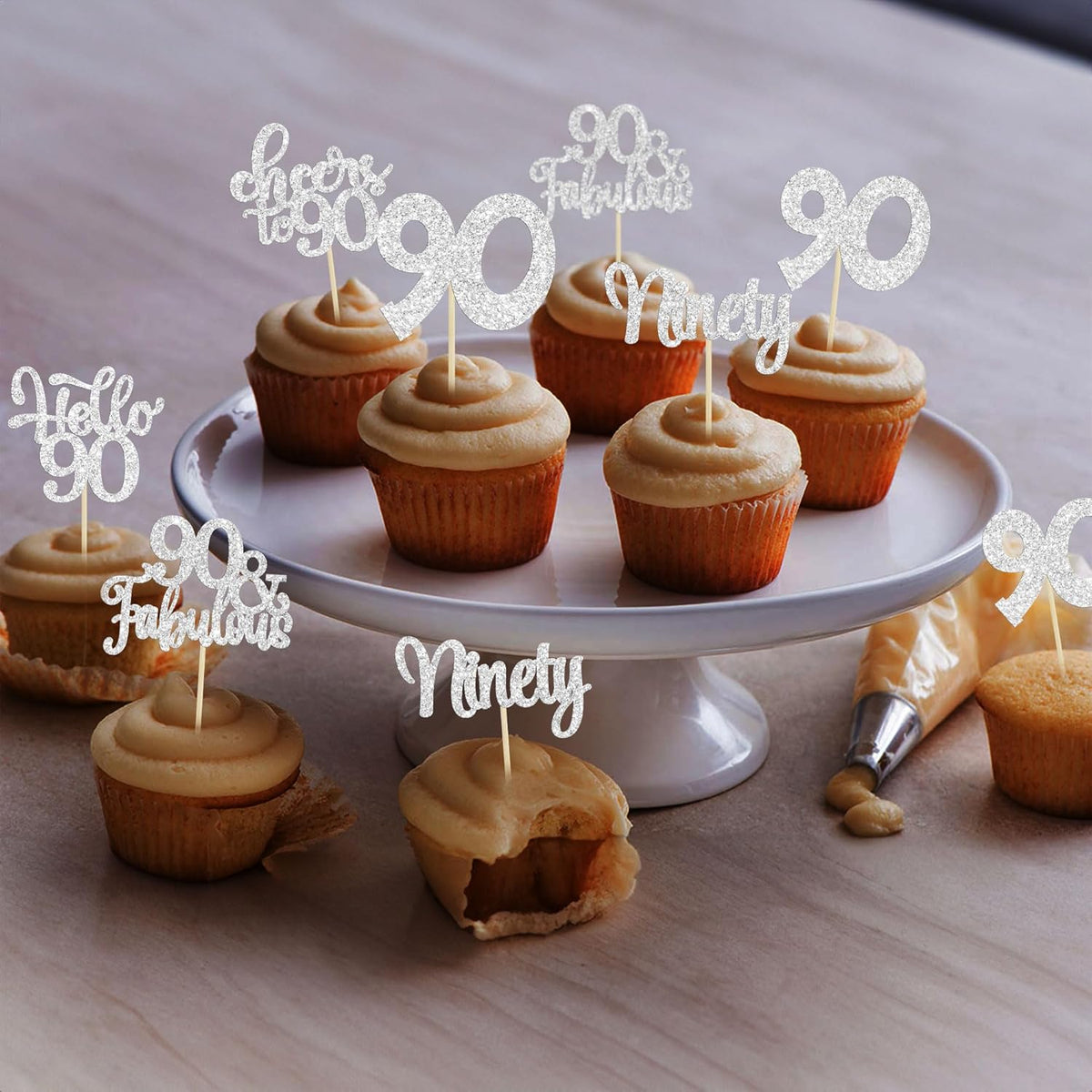 30pcs Happy 90th Birthday Cupcake Toppers - Silver Glitter Ninety Cheers to 90 Years Old Cupcake