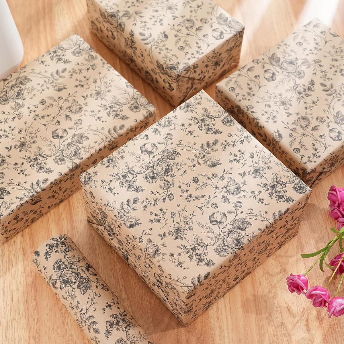 Ulmasinn Kraft Floral Wrapping Paper Roll - 17 Inches x 33 Feet - Vintage Black Floral Design with