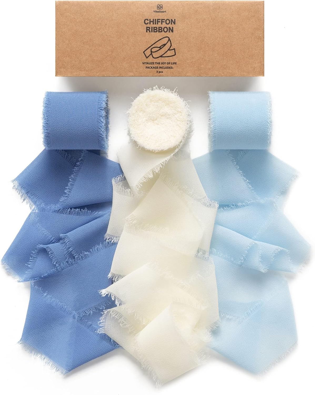 Vitalizart Blue Handmade Chiffon Silk Ribbon Fringe 1.5" x 21 Yd Dusty & Baby Blue Frayed Edges