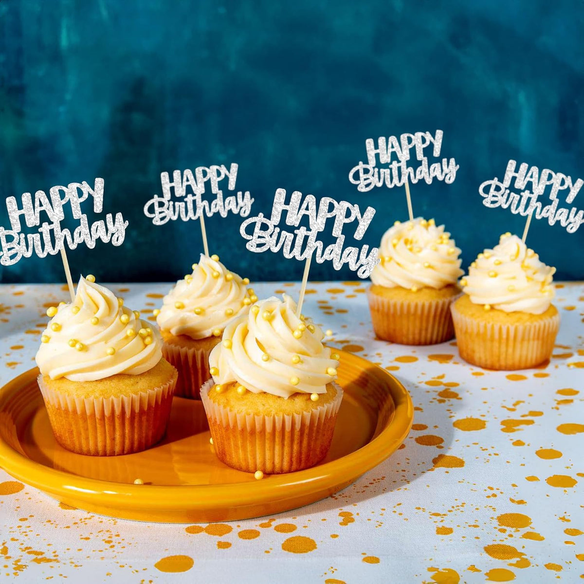 Gyufise 24Pcs Happy Birthday Cupcake Toppers Silver Glitter Birthday Cake Decorations Picks for