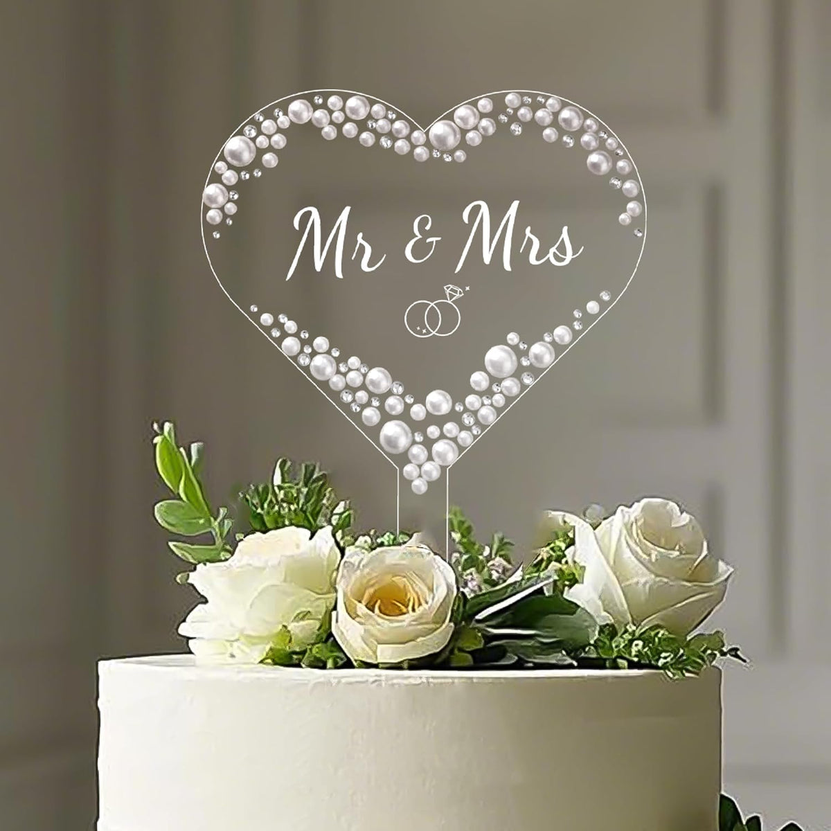 Coucoland Mr and Mrs Cake Topper - Heart Wedding Cake Decor with Rhinestones and Pearls for