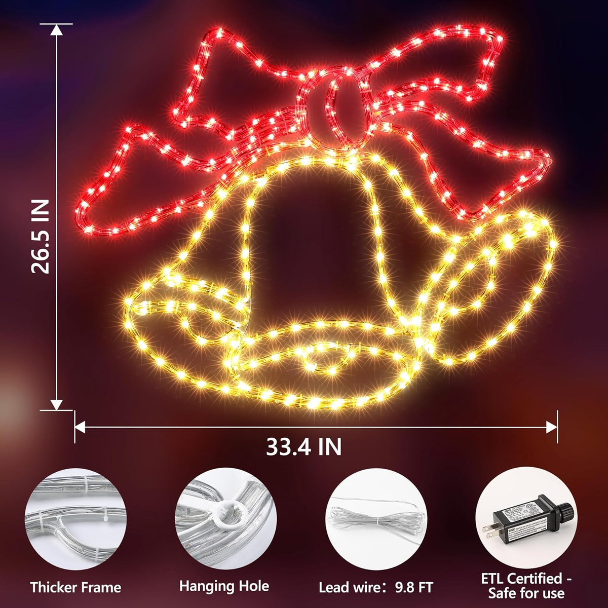 Christmas 33'' Large Bell Lights Decoration - 297LED Outdoor Waterproof Christmas Lights Large Bell