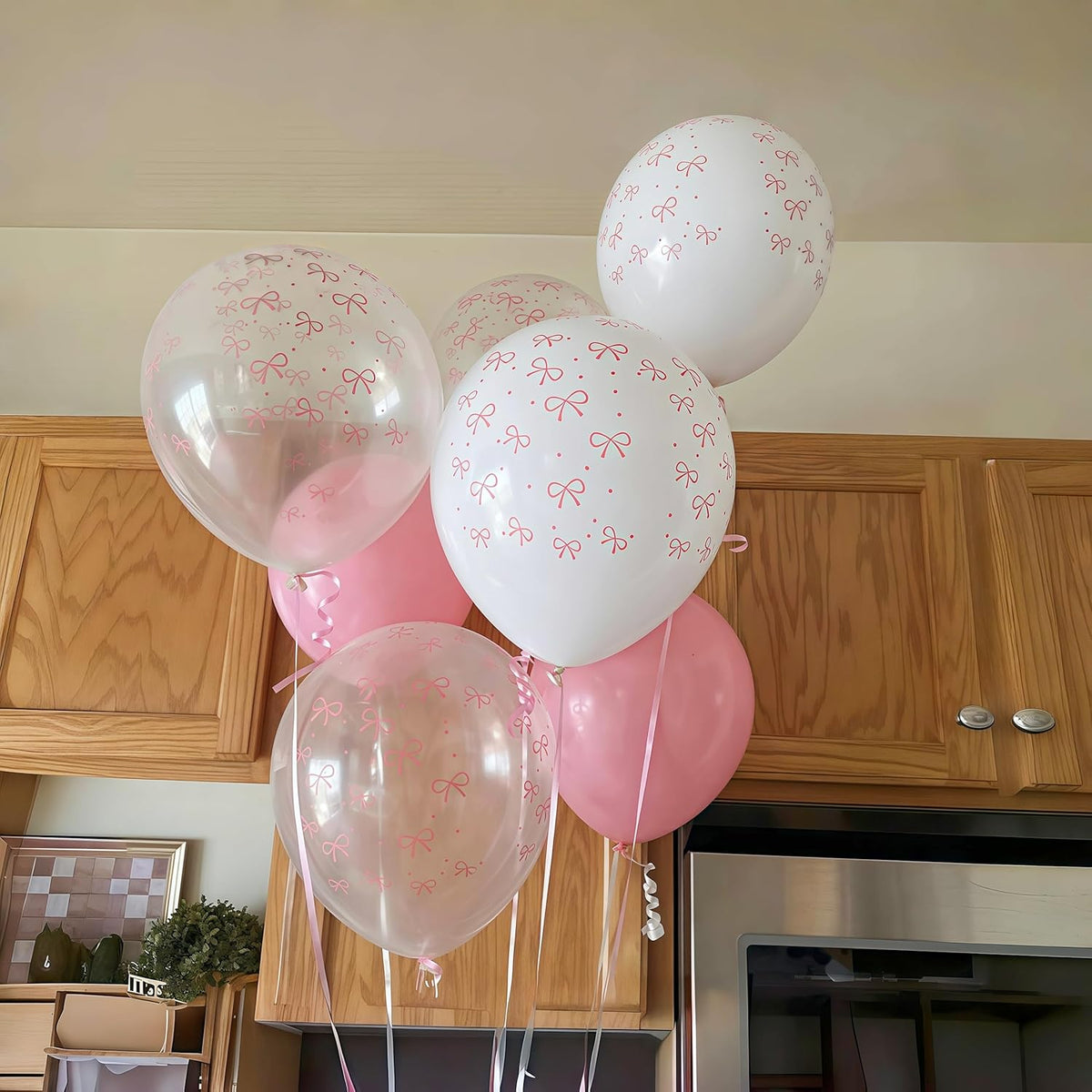 Pink Bow Balloons, 12 Inch Pastel Light Pink Transparent White Bow Print Coquette Balloon for Girls