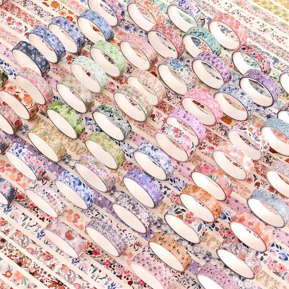 60 Rolls Flowers Theme Washi Tape Set with Different Colorful Patterns, Writable Decorative Tapes