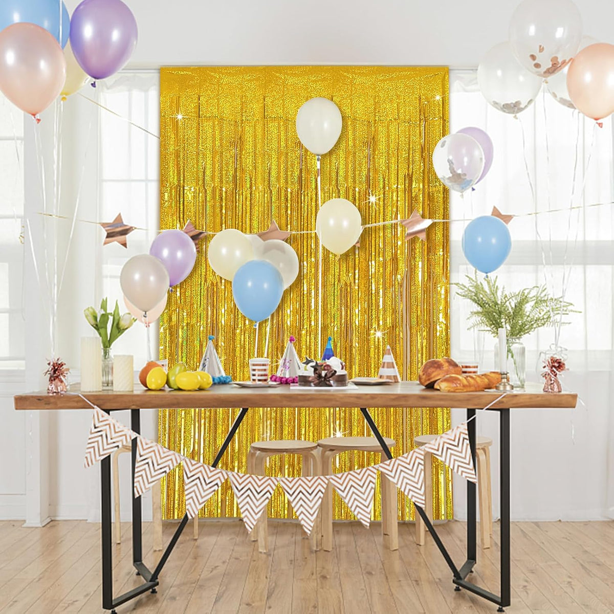 Tinsel Curtain Party Backdrop Gold Birthday Decorations 2 Packs Glitter Foil Fringe Curtain Party