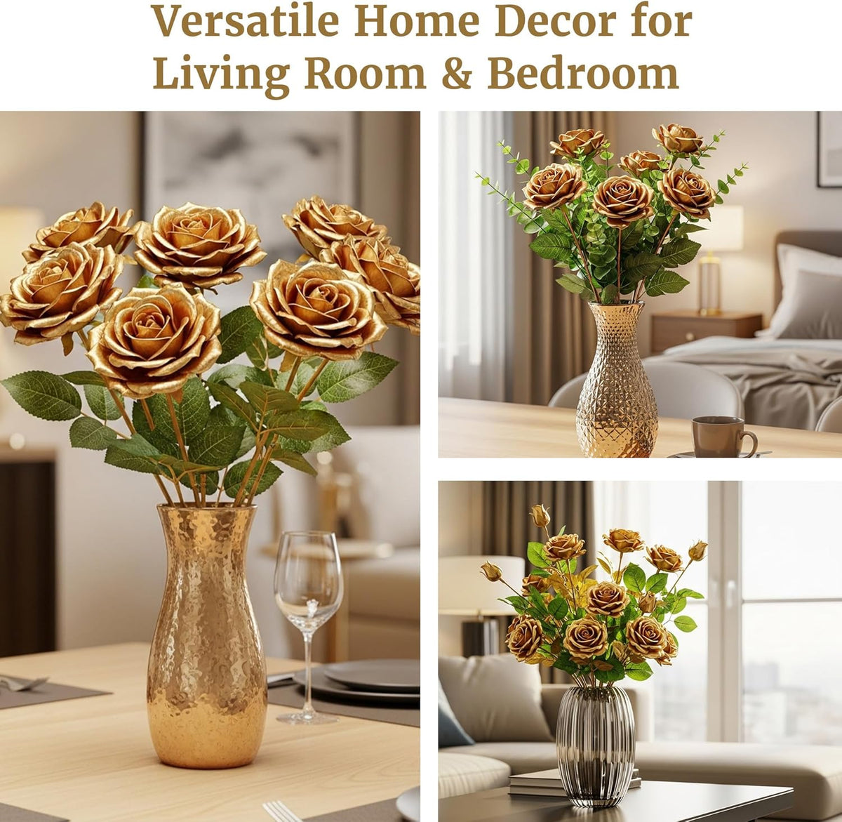 Auihiay 60PCS Gold Rose Artificial Flowers, Faux Silk Roses, Realistic Roses Bouquet for