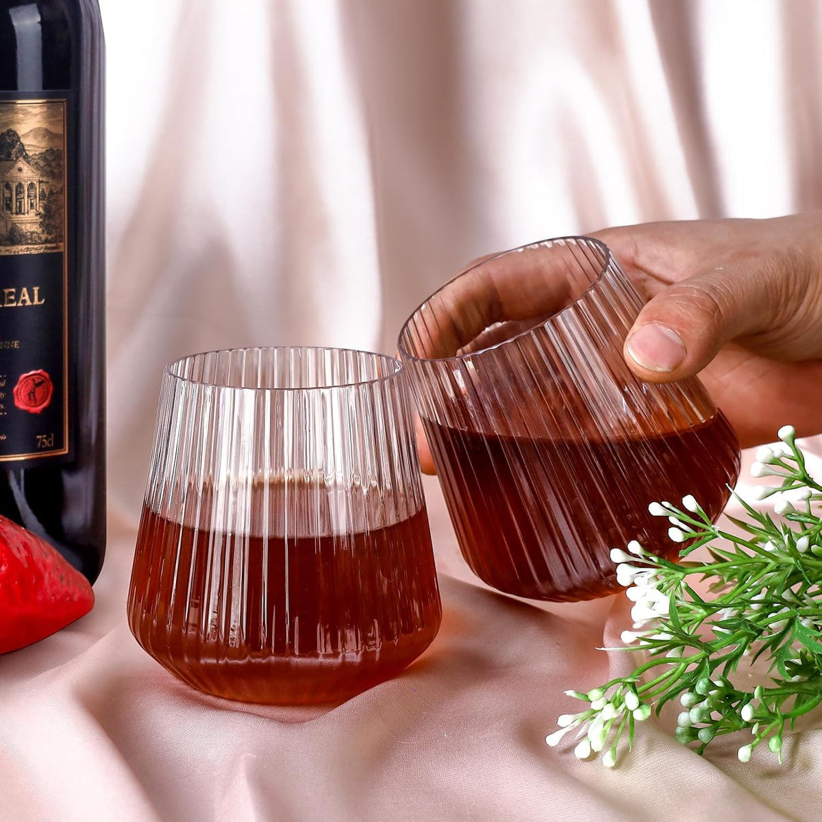 40 Pack Plastic Ribbed Wine Glasses, 14Oz Origami Disposable Wine Glasses Unbreakable Clear Plastic