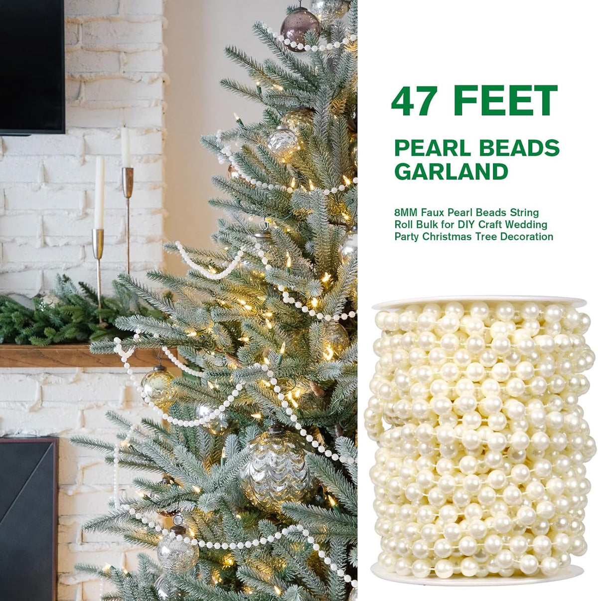 [47Feet] Pearl Beads Garland, 8MM 15.7 Yards Faux Pearl Beads String Roll Bulk for DIY Craft