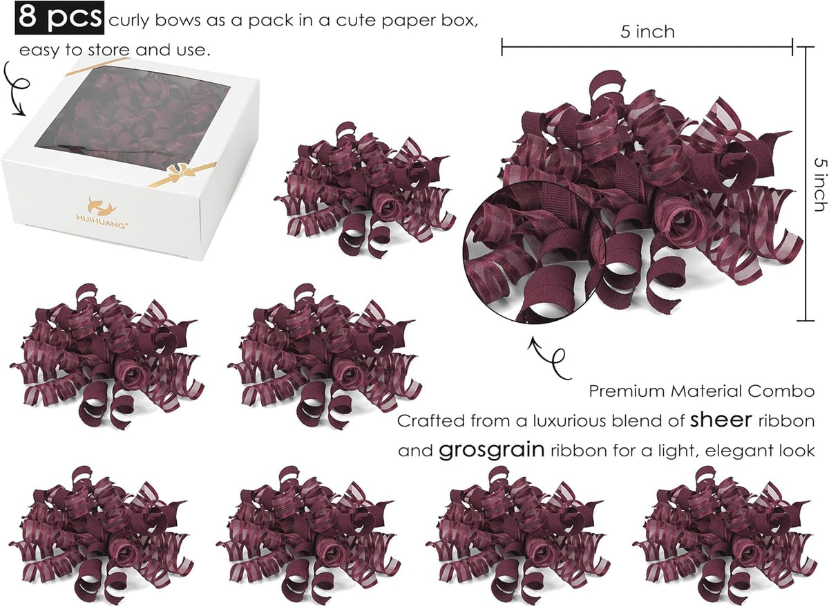 HUIHUANG Christmas Bows for Gift Wrapping Burgundy Curly Gift Bow 5 inch x 8 Counts Wine Red