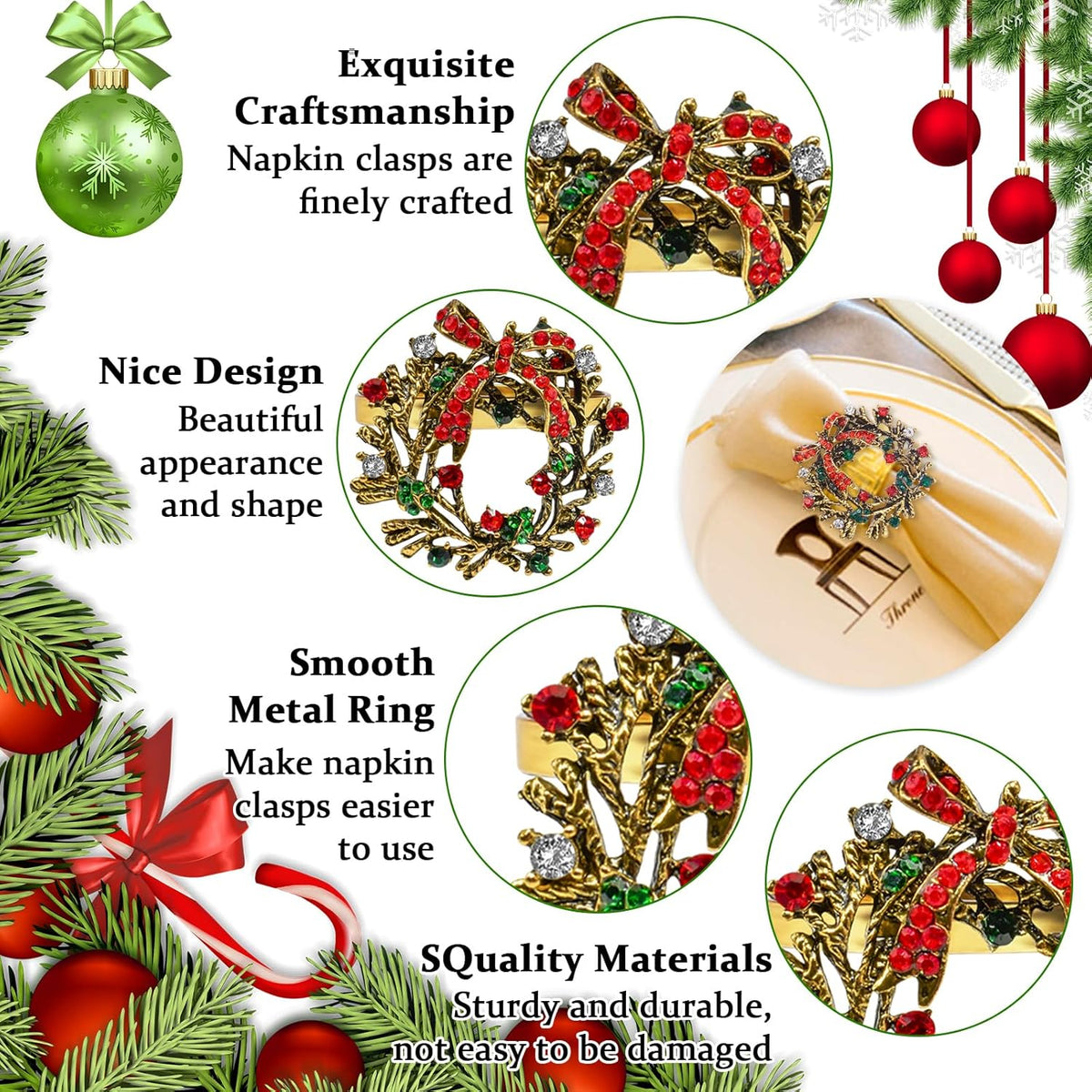 Halatool Set of 12 Christmas Napkin Rings Delicate Wreath Napkin Holder for Christmas Thanksgiving