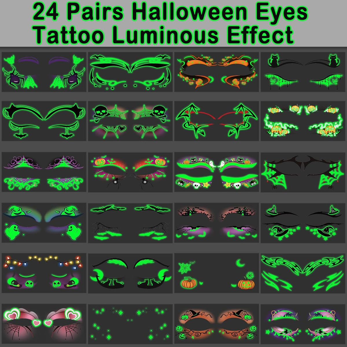 24 Pairs Halloween Luminous Eye Shadow Temporary Tattoos, Eyeliner Tattoo Stickers Spider Web Bat