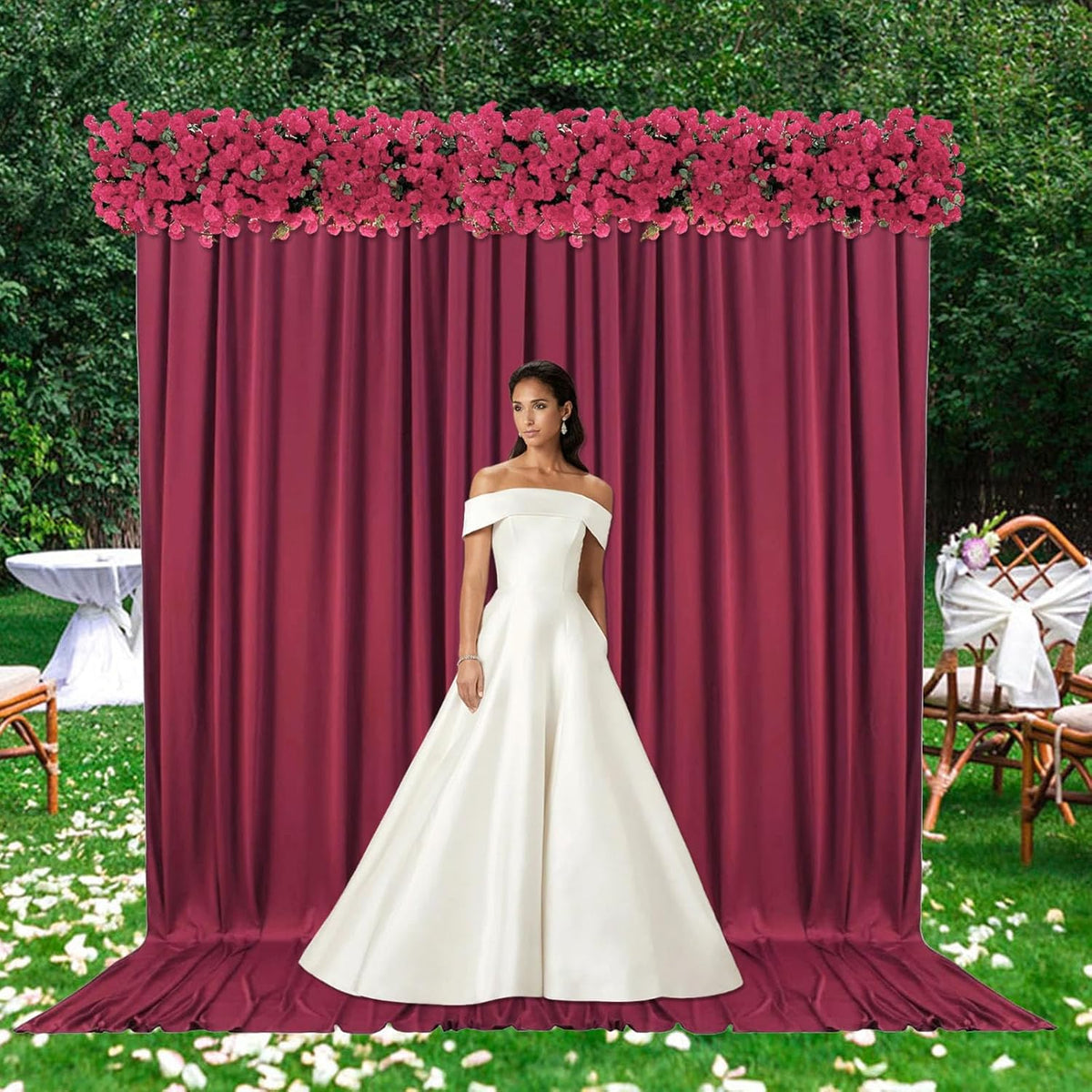 10ft x 10ft Burgundy Backdrop Curtains for Parties, Fabric Satin Background Curtain with Rod