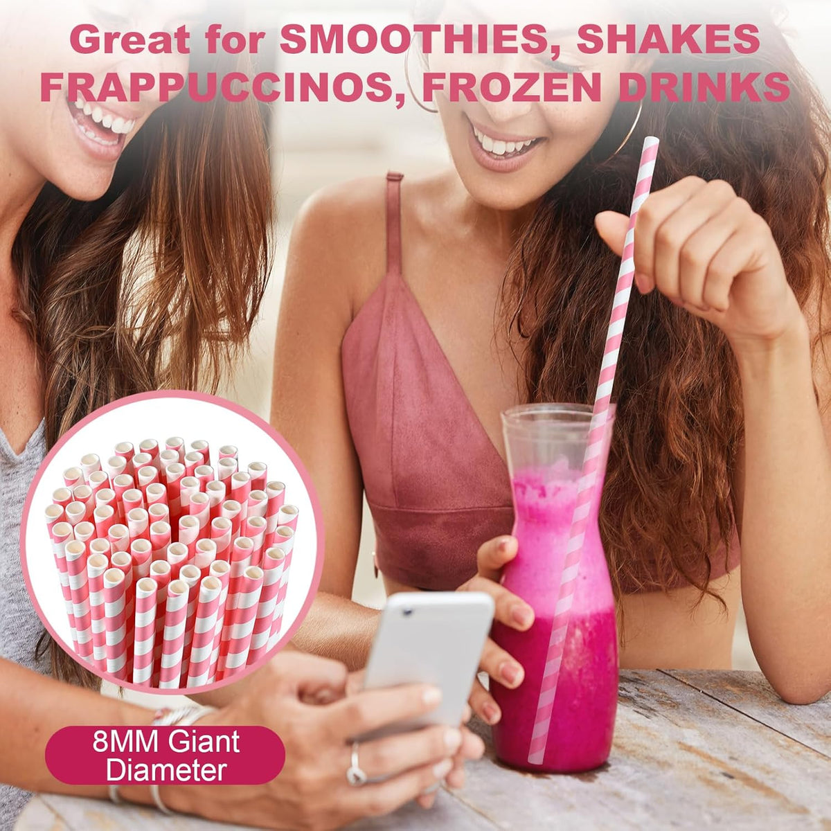 14 inch Extra Long Disposable Pink/White Striped Paper Drinking Straws 0.31" Wide - 100 Counts