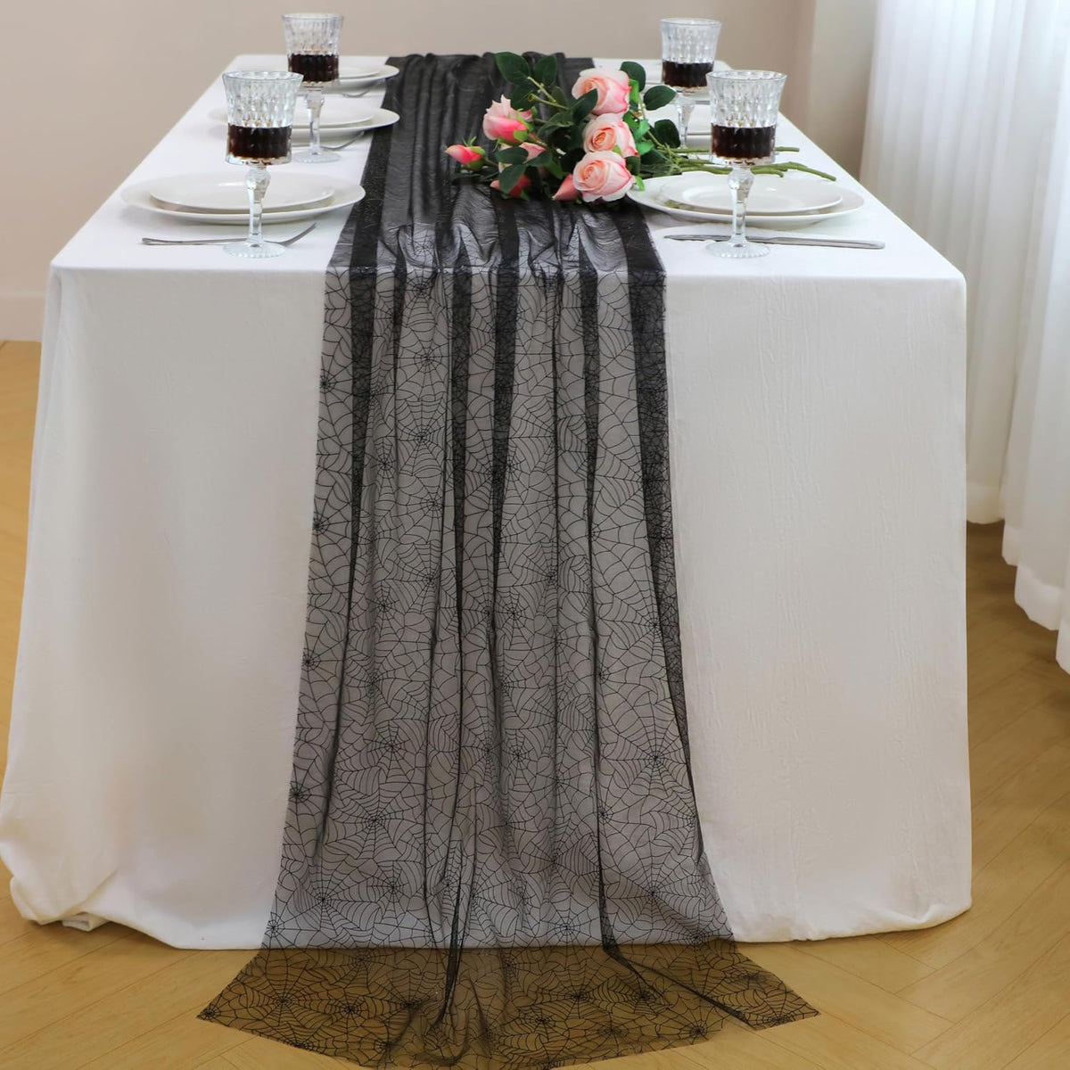 Snowkingdom Halloween Table Runner, 10 FT Black Spider Web Runners Metallic Sequin Sheer Chiffon