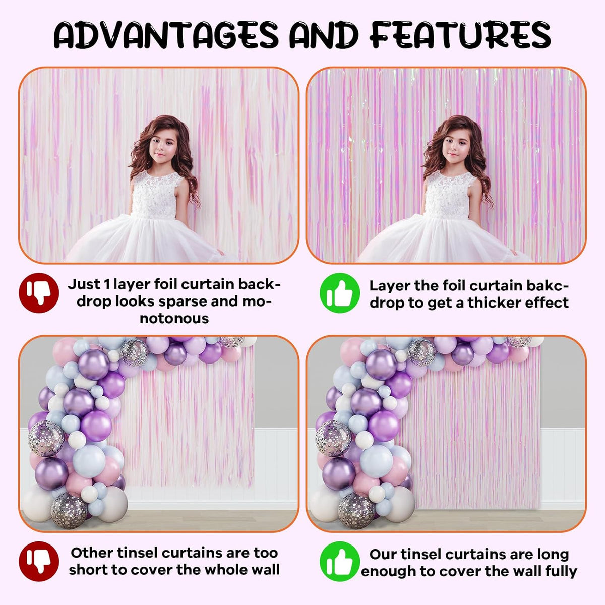 2 Pack Iridescent Transparent Foil Fringe Backdrop Curtains, Tinsel Streamers Birthday Party
