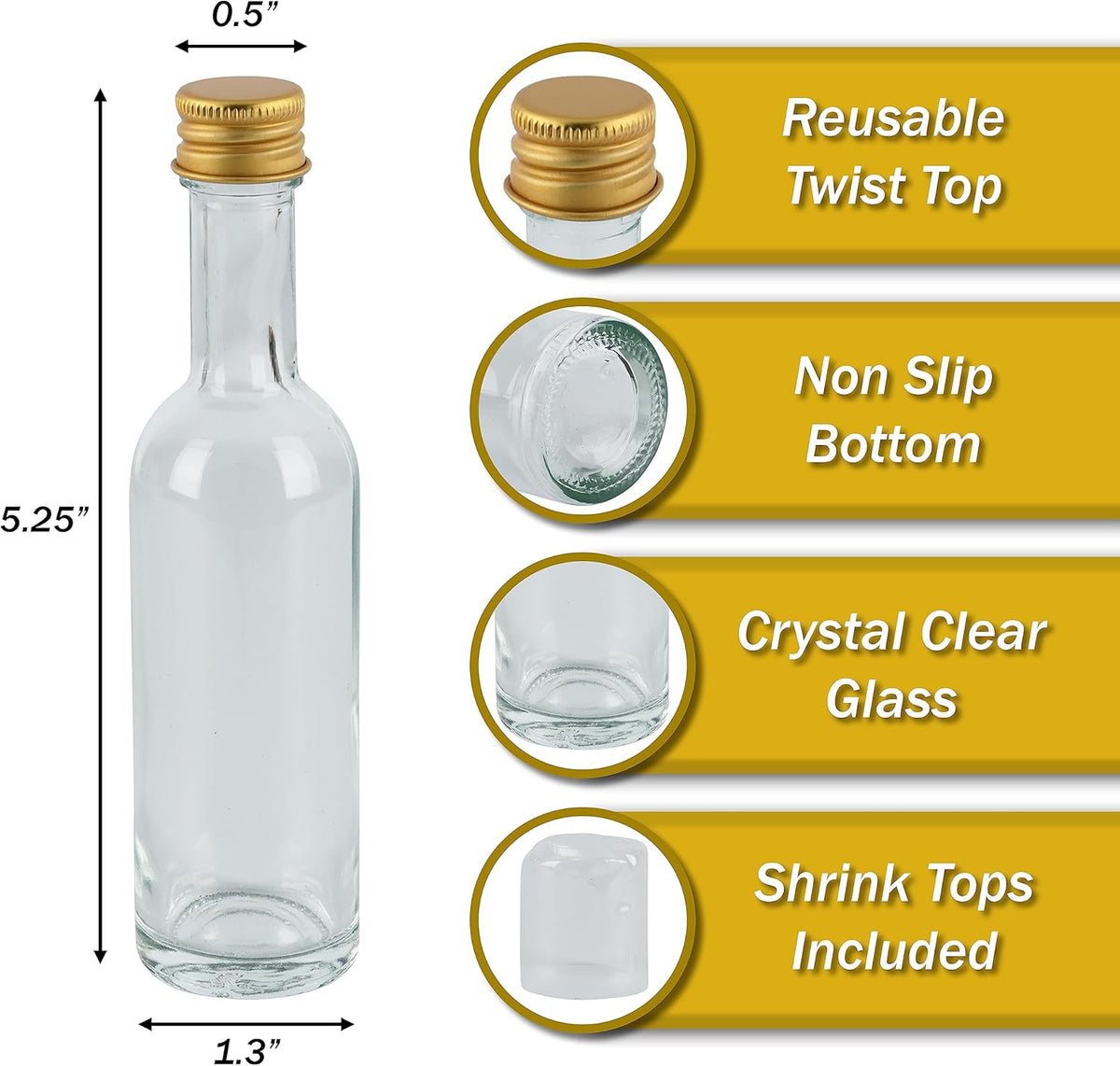 50 ml (1.7oz) 24 Pack, Mini Small Glass Bottles With Leak Proof Air Tight Gold Caps, Aluminum Lids