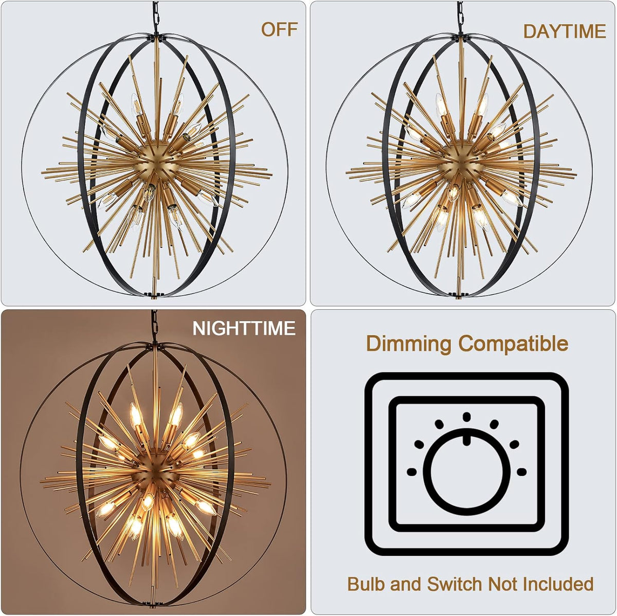 31.5" Black Gold 16-Light Globe Sputnik Chandelier Modern Industrial Adjustable Hanging Ceiling