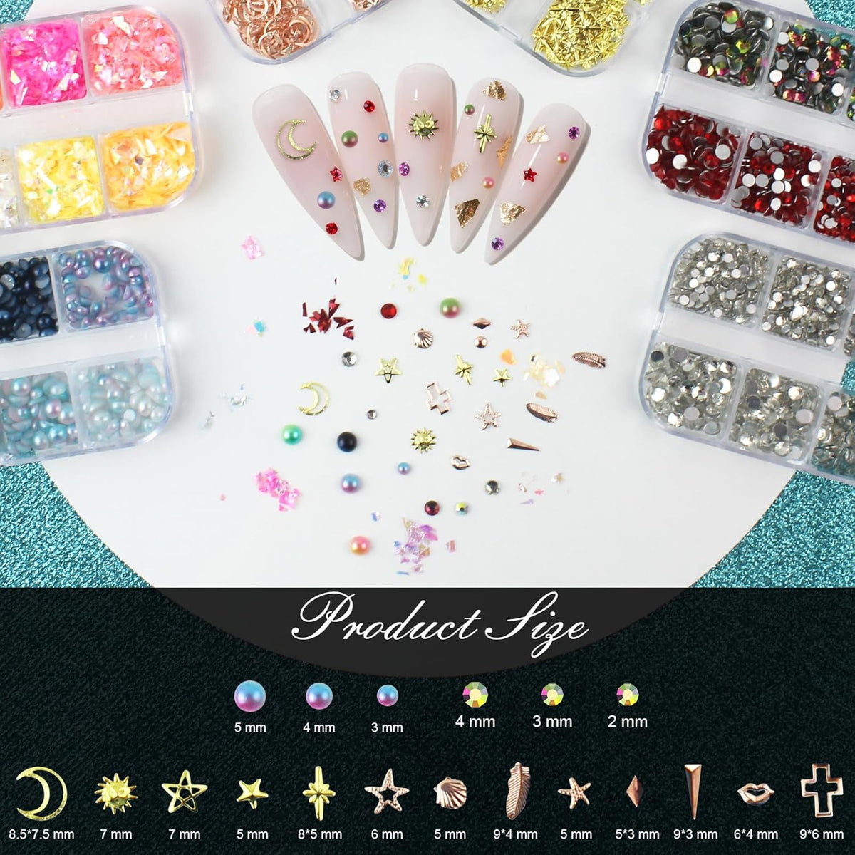 Artdone Nail Art Studs Kit, 6 boxes Multicolor And Design 3D Charms With 15 Sheets Gold Nail