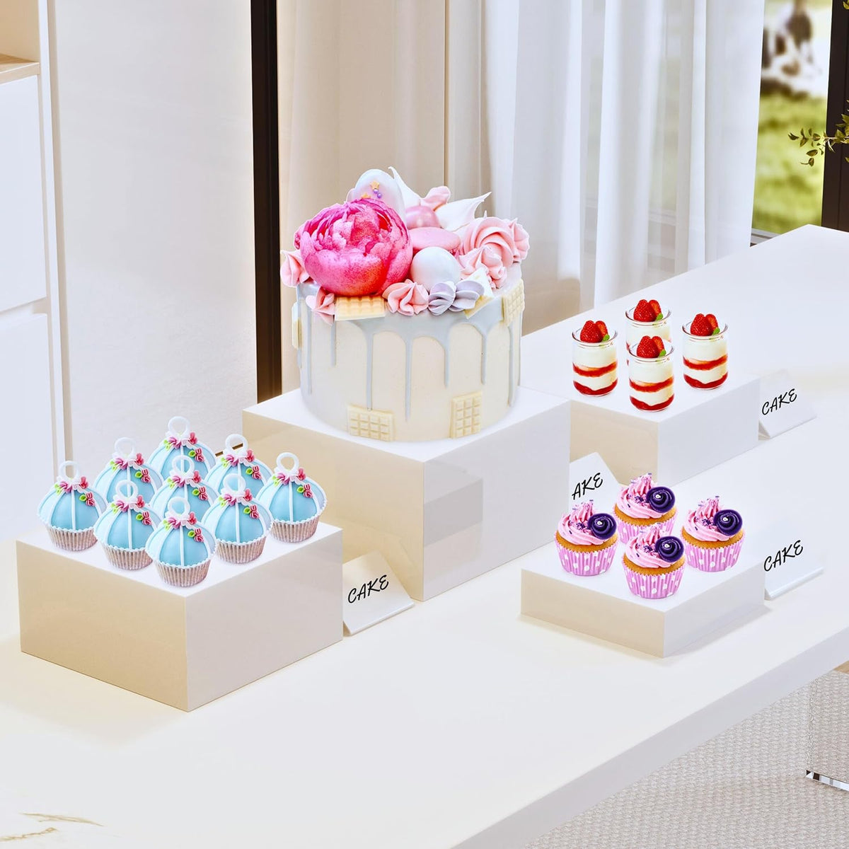 10” Large Buffet Risers with Mini Signs, Table Risers, Buffet Risers and Stands, Acrylic Cube