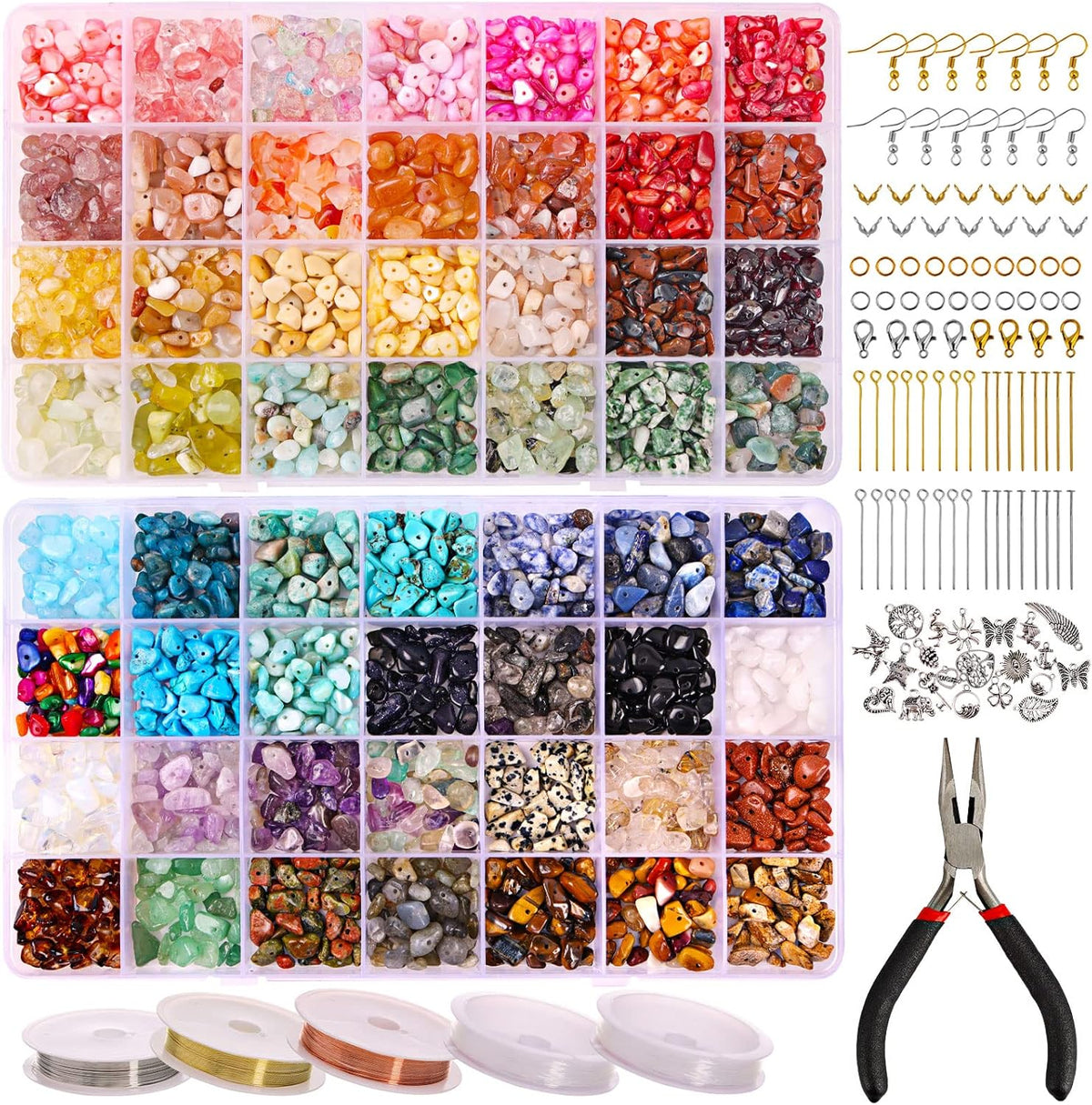 QUEFE 1800pcs 56 Colors Crystal Beads, Ring Making Kit, Gemstone Chip Beads Irregular Natural Stone