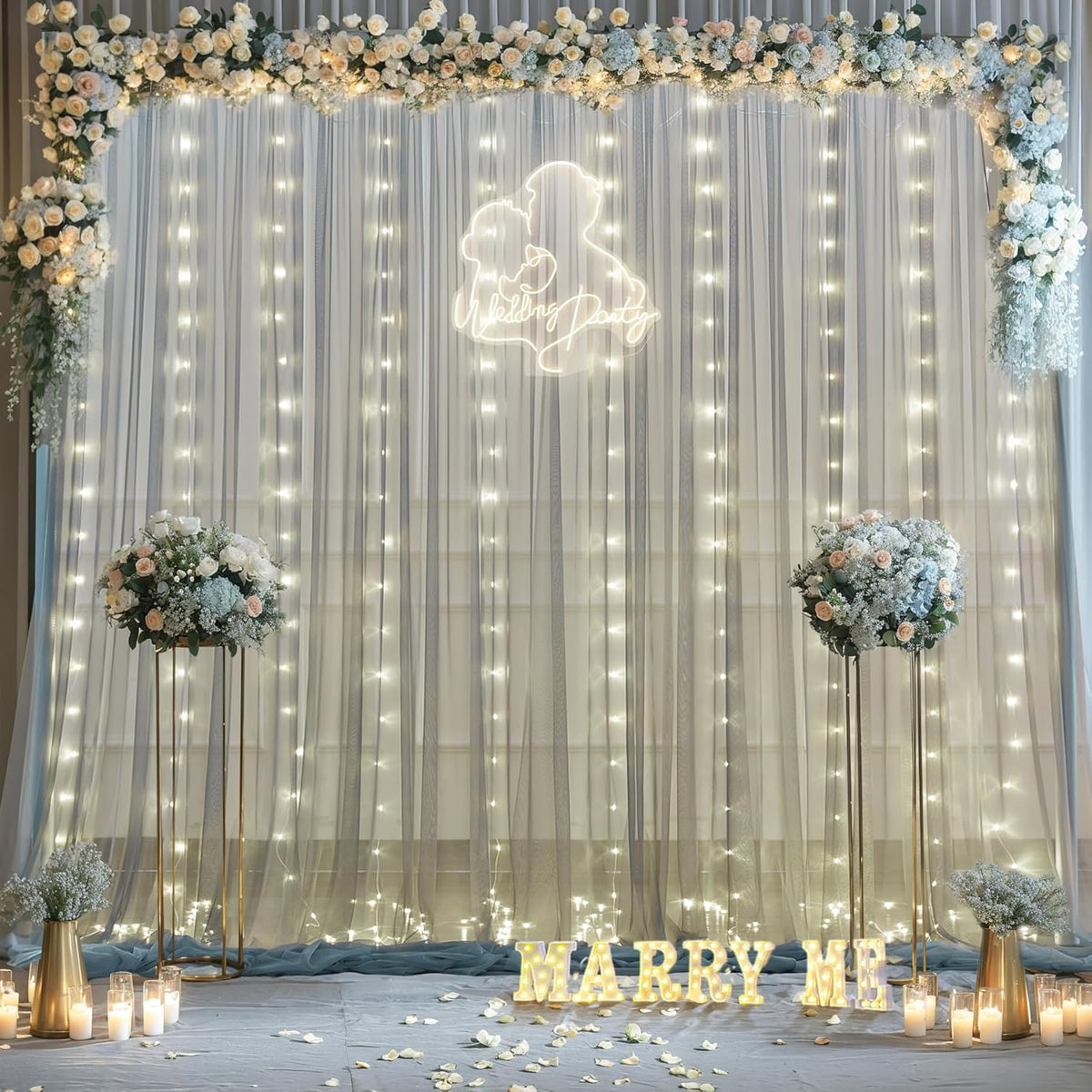 Silver Grey Tulle Backdrop Curtain with Lights String for Parites 10x8ft Sheer Backdrop Curtains