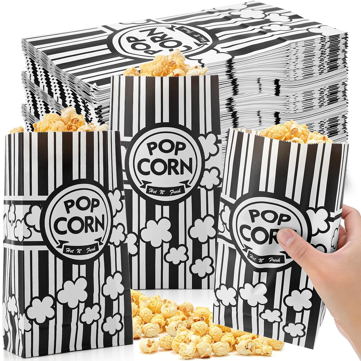 200 Pcs Paper Popcorn Bags Bulk 2 oz Large Flat Bottom Boxes Red and White Disposable Container