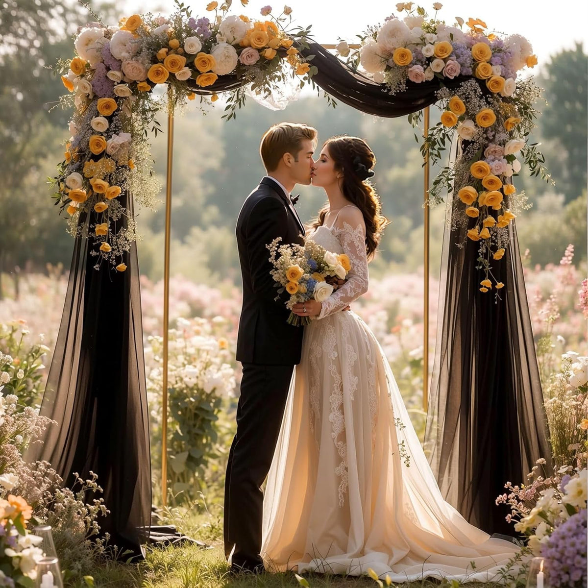 Black Wedding Arch Draping Fabric 2 Panels 19 FT Arch Drapes Sheer Backdrop Curtains Panels for