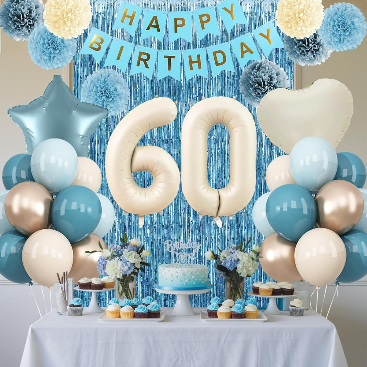 Dusty Blue 60th Birthday Party Decorations for Women Men Beige Cream Number 60 Balloon with Blue