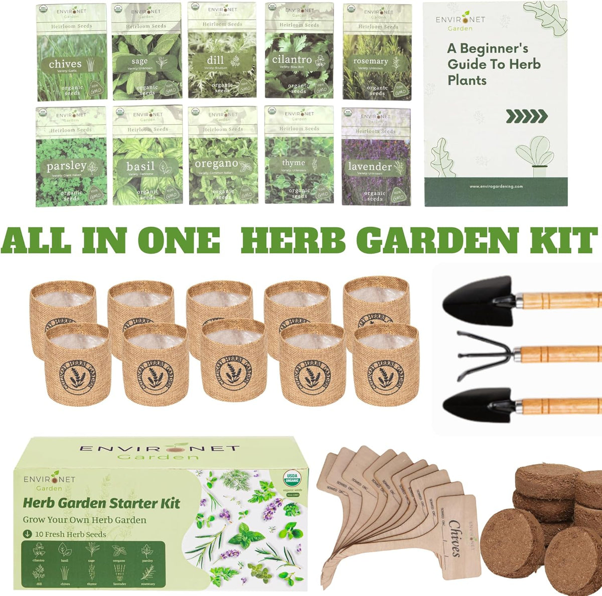 10 Indoor Herb Garden Kit- Burlap Pots, Organic Seeds, Herb Garden Planter Indoor Kit, Easy Window