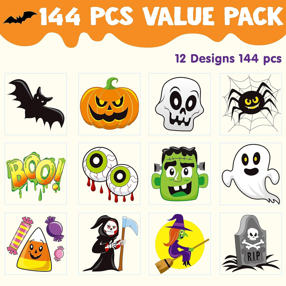 JOYIN 144 PCS Halloween Temporary Tattoos for Kids, 12 Designs Bulk Fake Tattoos Stickers for