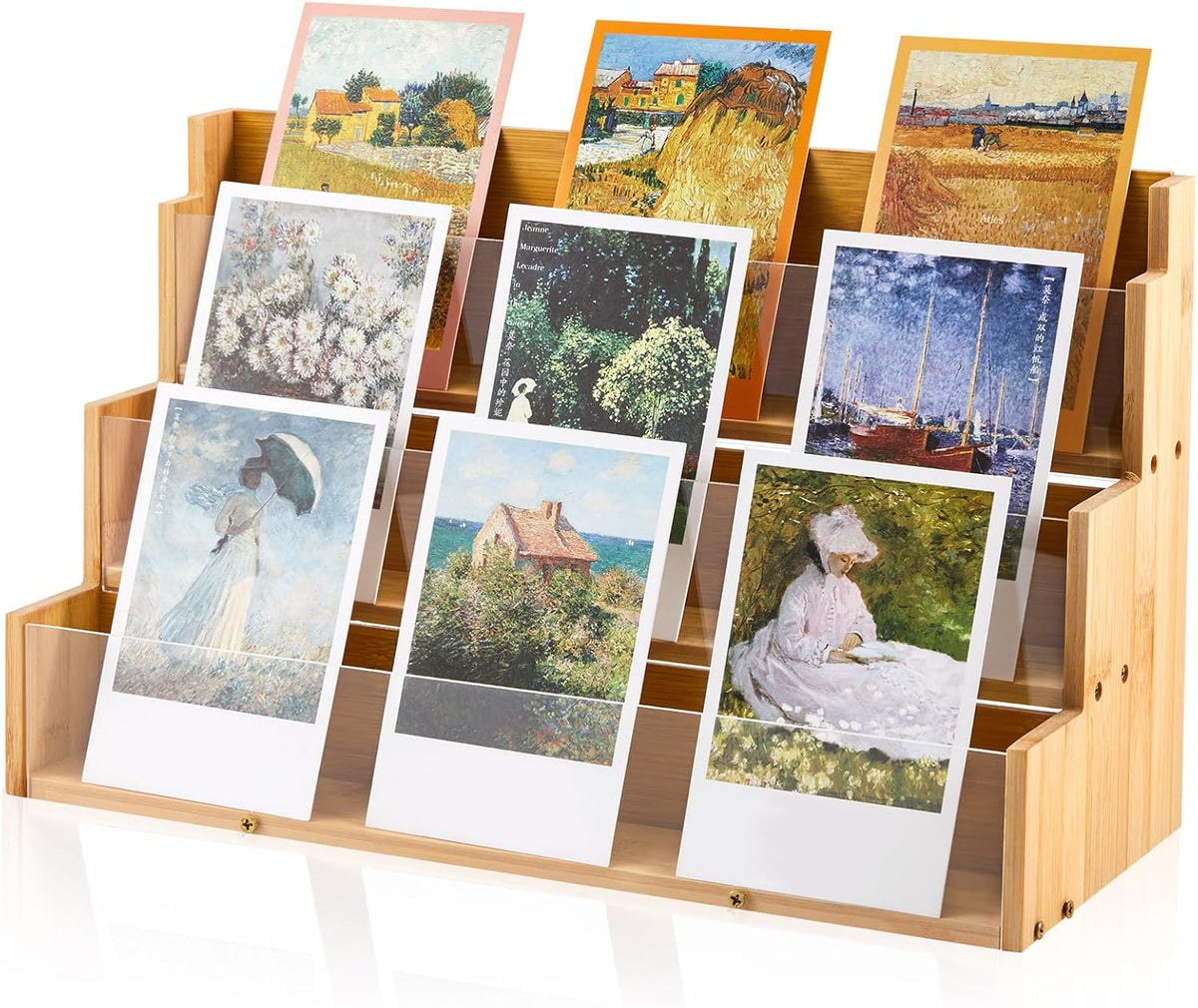3 Tier Greeting Card Display Stand Wood Color Bamboo and Acrylic Sticker Display Stand Trading Card