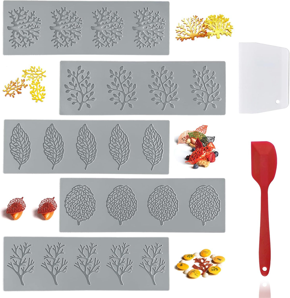 7Pcs Leaf Silicone Fondant Molds with Dough Scraper Silicone Spatula, 3D Coral Branch Leaf