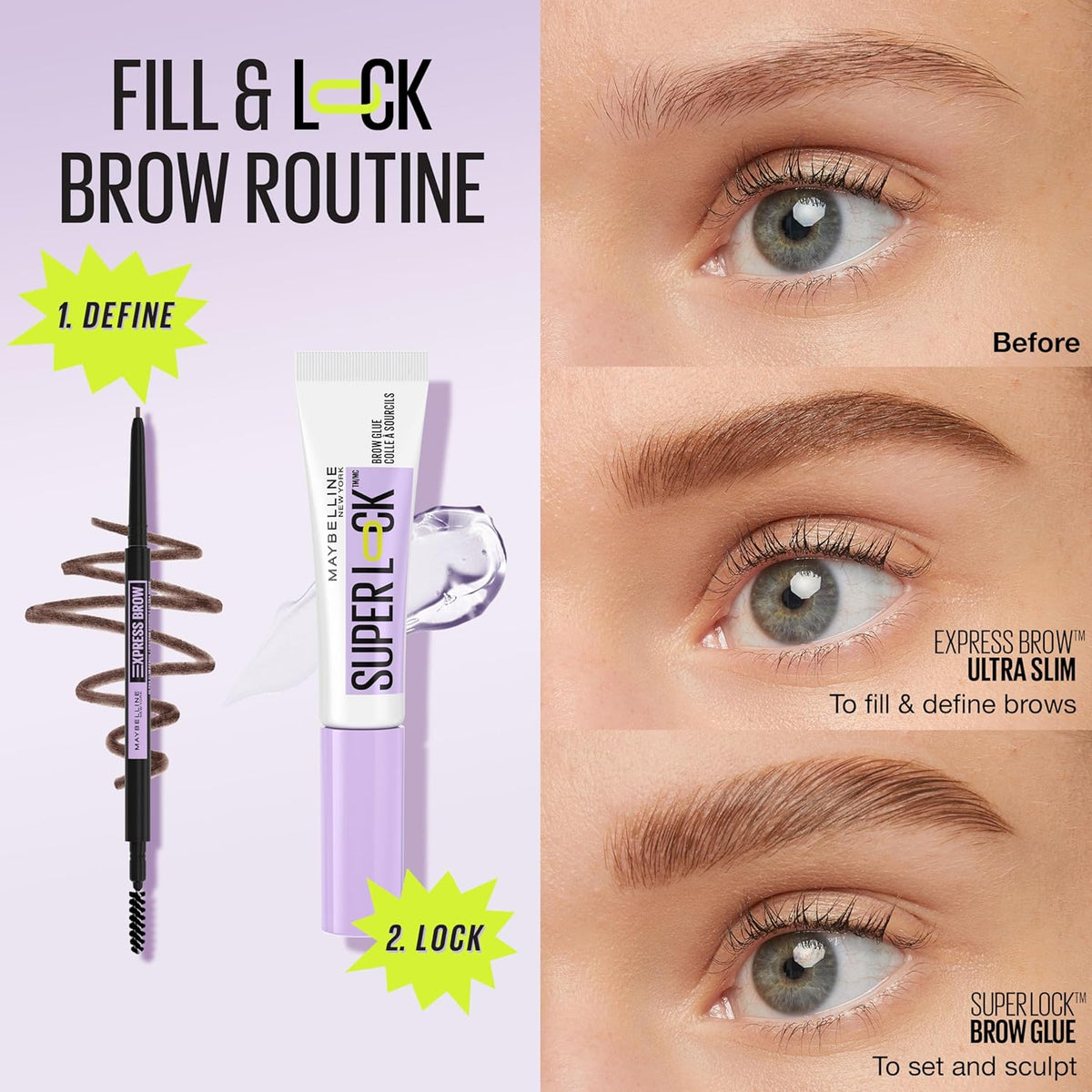 Maybelline Super Lock Brow Glue Eyebrow Gel, Lightweight Brow Gel For Up To 24HR Hold, Clear, 1